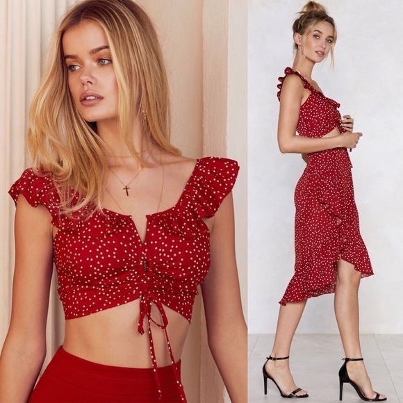 DRESS FORUM Polka Dot Sleeveless Ruched Tie Front Smocked Back Ruffle Crop Top S - Picture 4 of 15